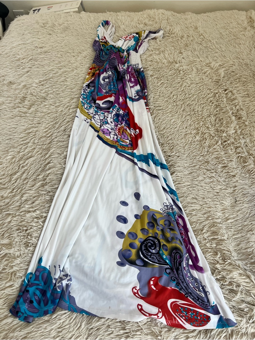 The Pyramid Collection White Maxi Dress with Red, Purple, Teal and Gold Print
